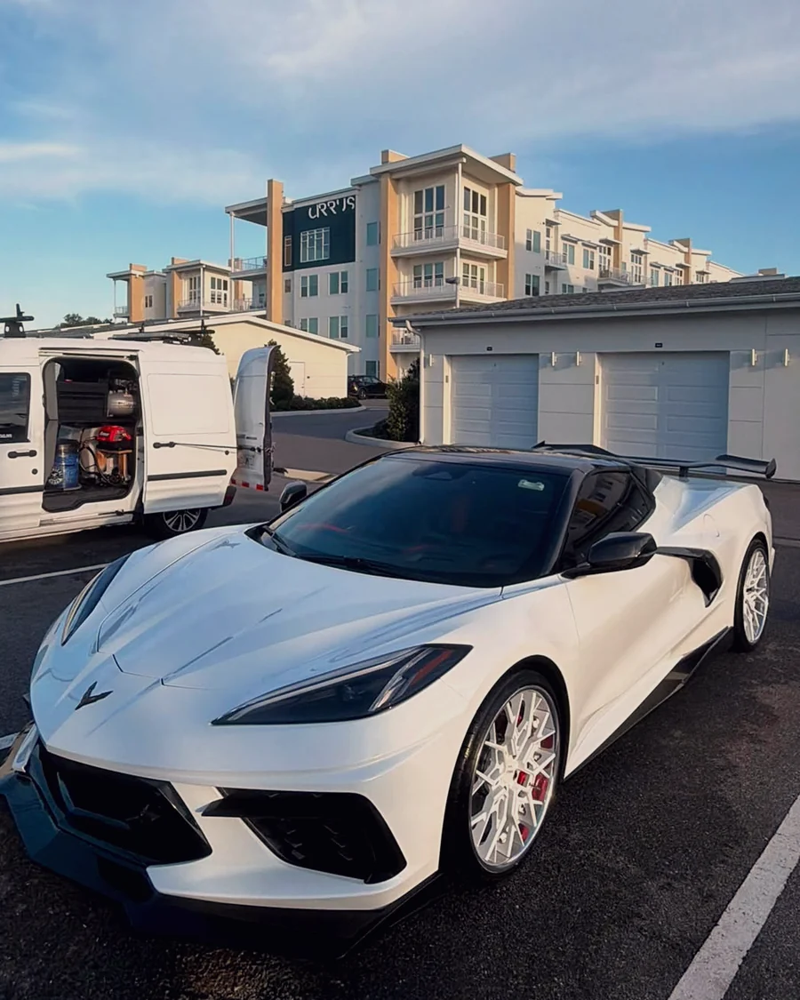 A white Chevrolet Corvette C8 detailed by GaliGloss
