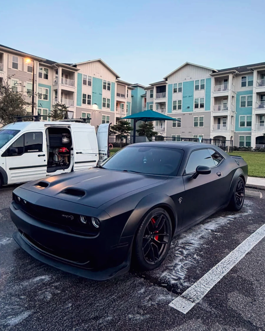 A matte black Dodge Challenger SRT Hellcat after a GaliGloss detail