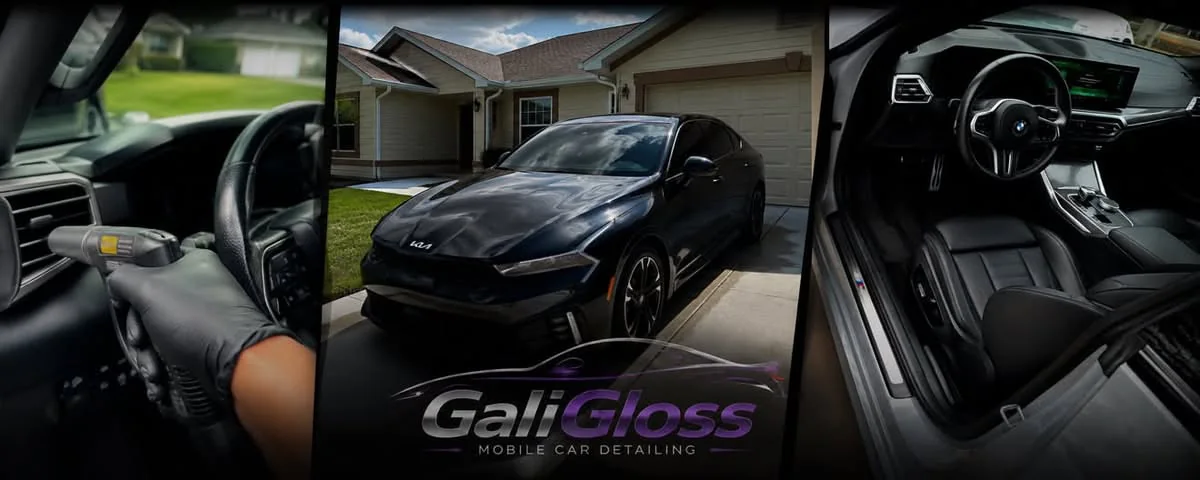 Three frames of a GaliGloss detail: deep interior extraction, a glossy black Kia in the driveway, and a spotless BMW interior